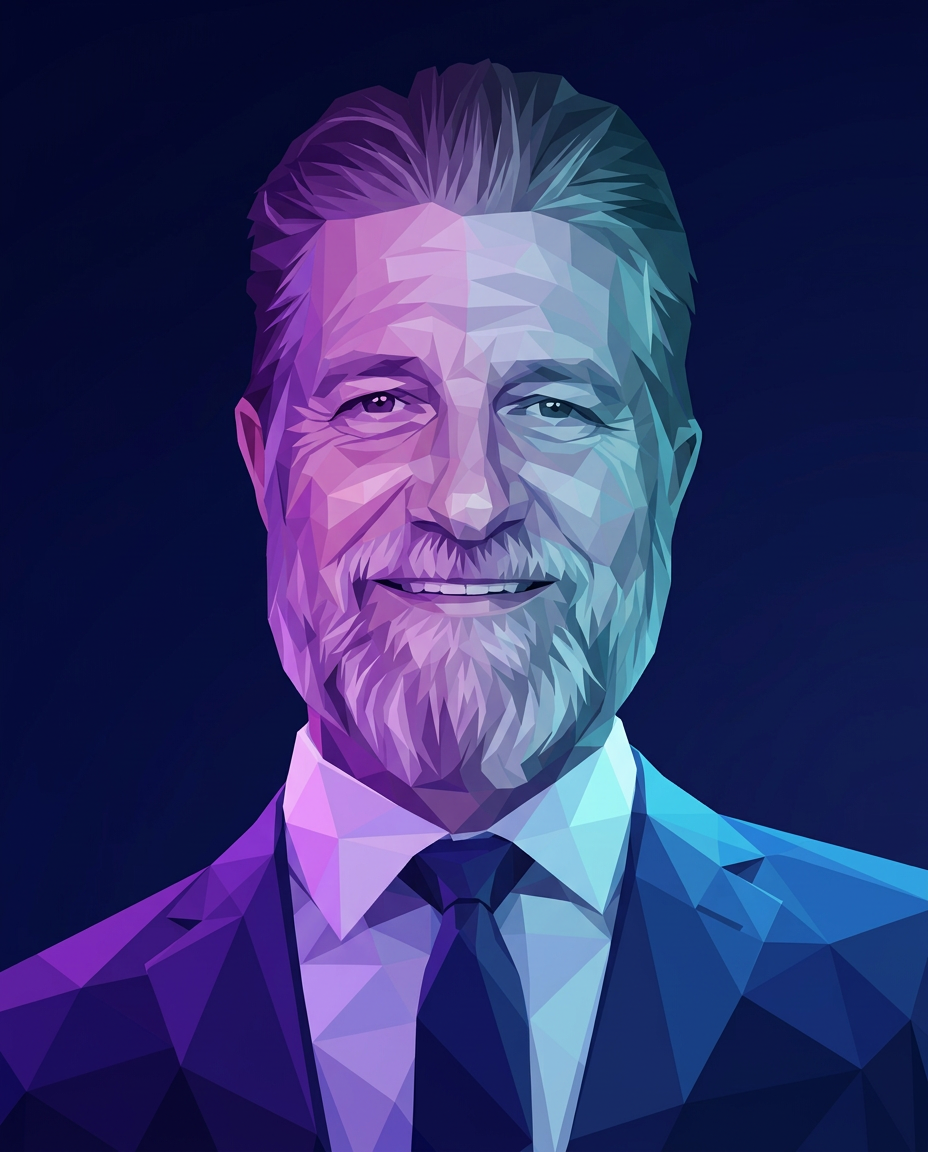 Stylized low-poly portrait of Dr. George Hanshaw in violet and cyan tones